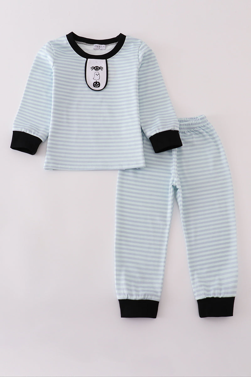 Blue Halloween spider embroidery stripe pants set - Aaria Tees Aaria Tees