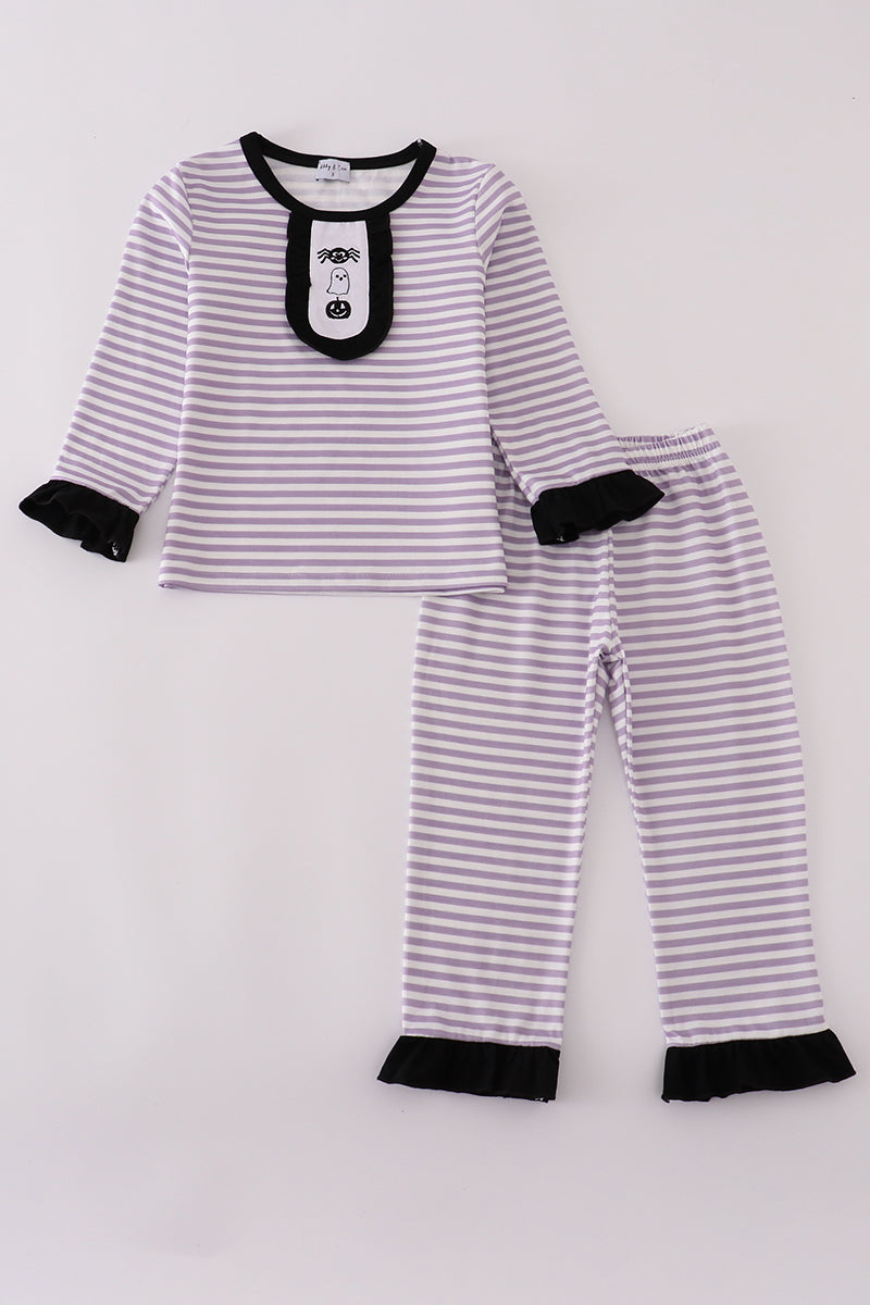 Purple Halloween spider embroidery stripe pants set - Aaria Tees Aaria Tees