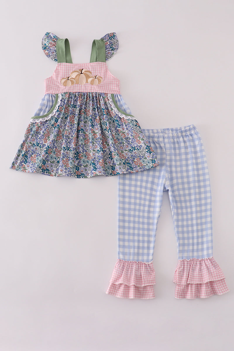Blue floral pumpkin embroidery ruffle pants set - Aaria Tees