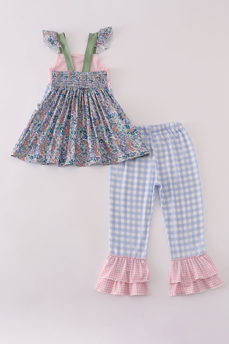 Blue floral pumpkin embroidery ruffle pants set - Aaria Tees Aaria Tees