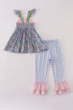 Blue floral pumpkin embroidery ruffle pants set - Aaria Tees Aaria Tees