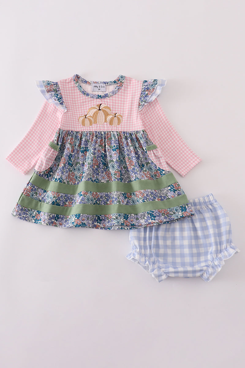 Blue floral pumpkin embroidery ruffle bloomer set - Aaria Tees