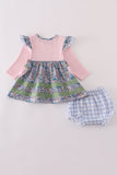 Blue floral pumpkin embroidery ruffle bloomer set - Aaria Tees Aaria Tees