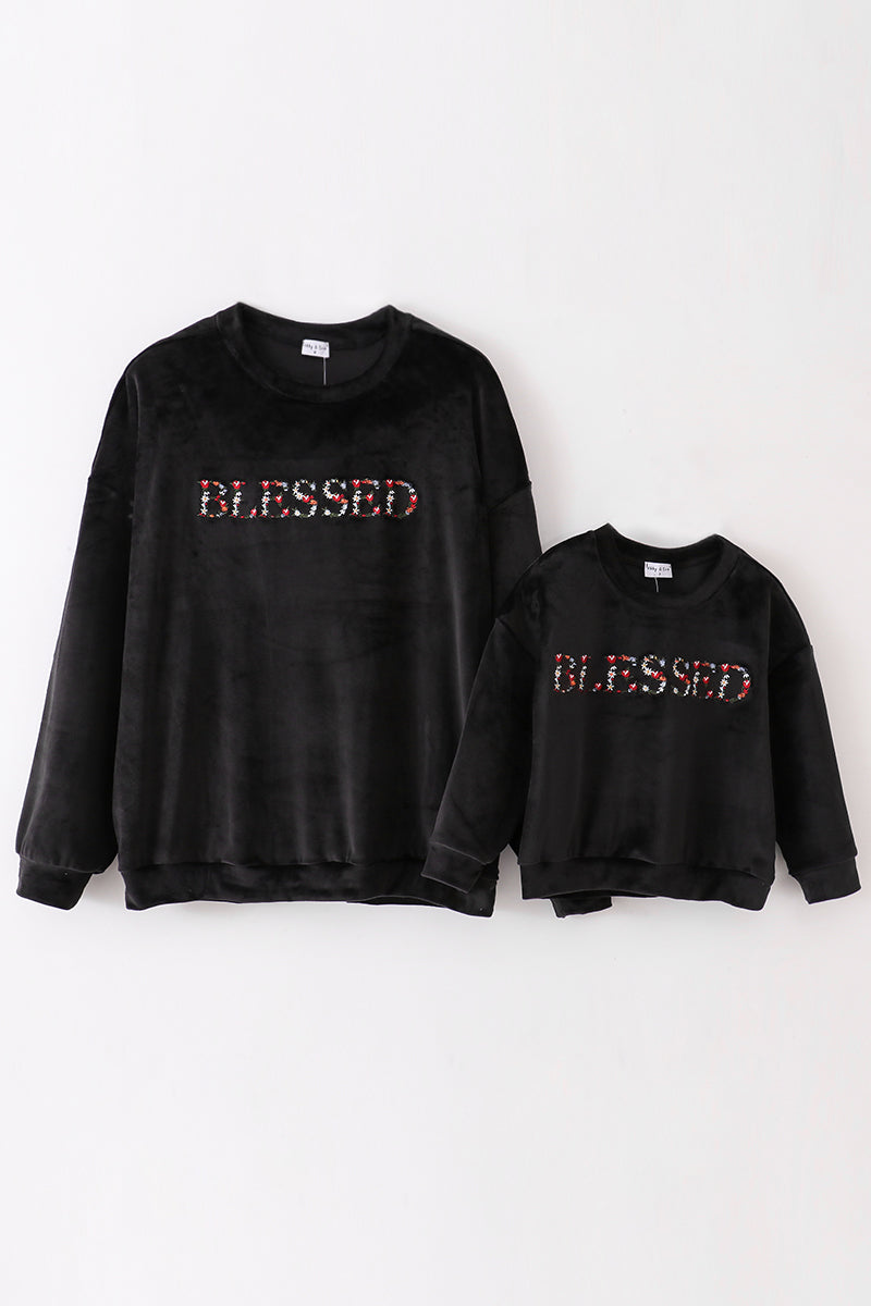 Black velvet blessed embroidery mom&me sweatshirt - Aaria Tees Aaria Tees