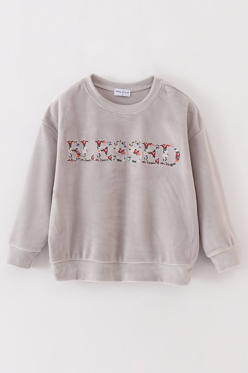 Grey velvet blessed embroidery mom&me sweatshirt - Aaria Tees Aaria Tees