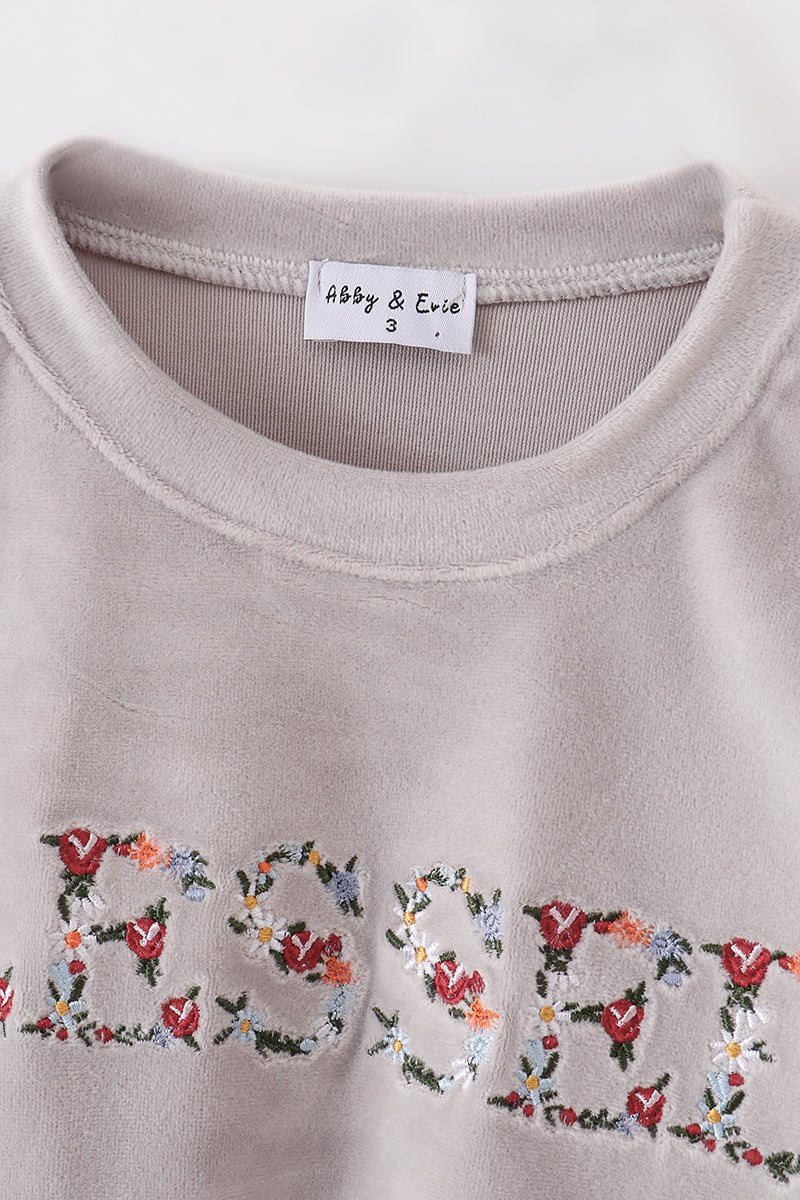 Grey velvet blessed embroidery mom&me sweatshirt - Aaria Tees Aaria Tees
