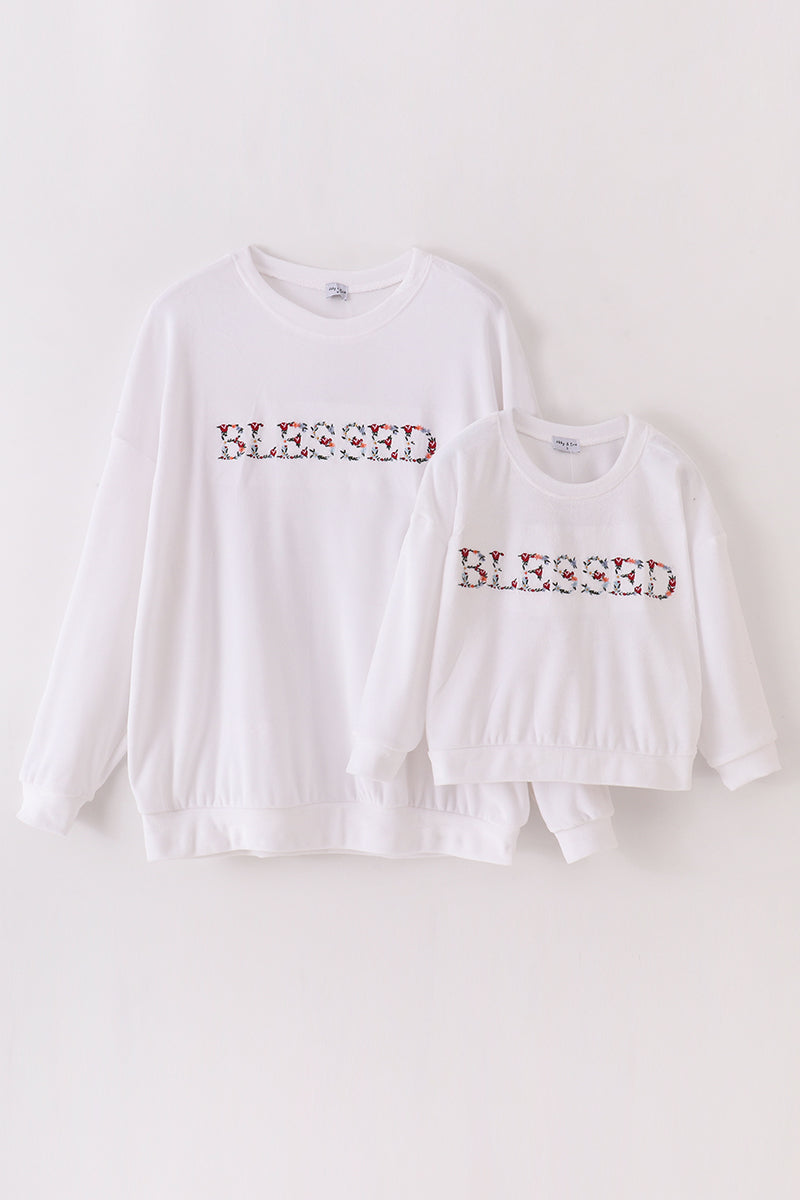 White velvet blessed embroidery mom&me sweatshirt - Aaria Tees Aaria Tees