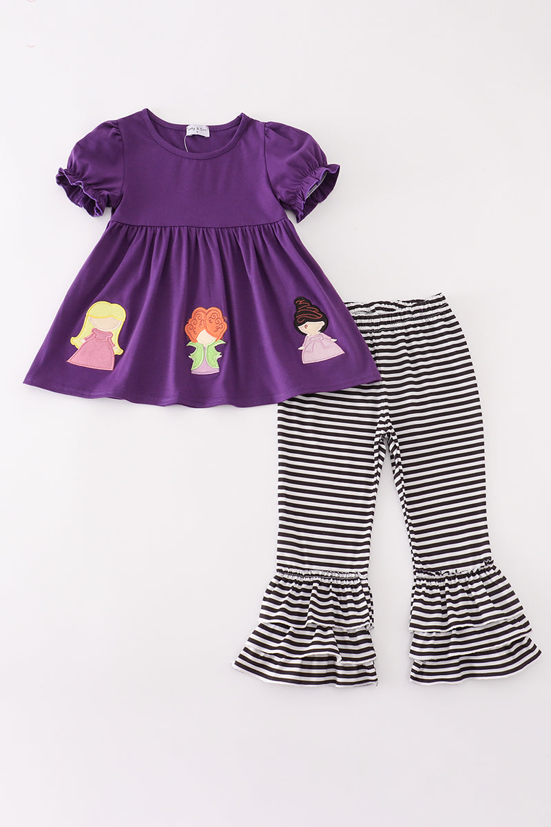 Purple halloween witch applique pants set - Aaria Tees