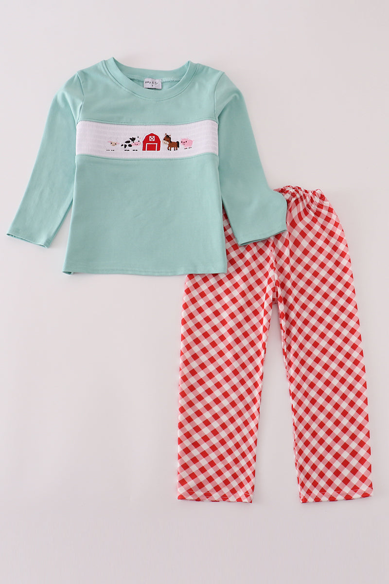 Red farm smocked pants set - Aaria Tees