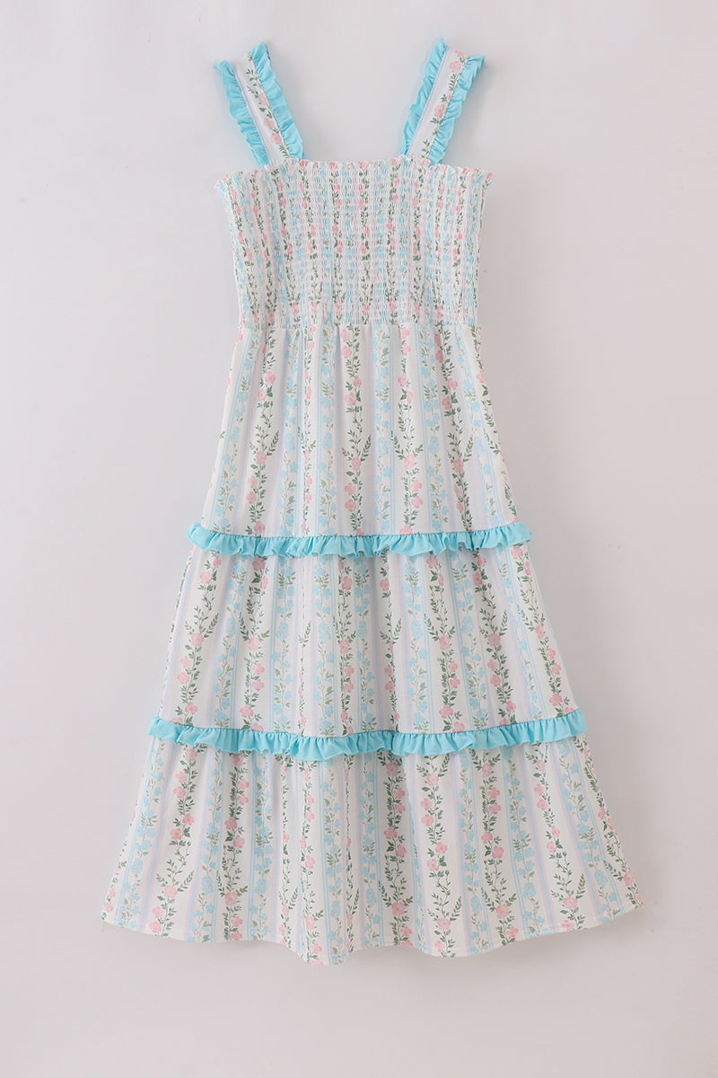 Blue floral print smocked mom dress - Aaria Tees