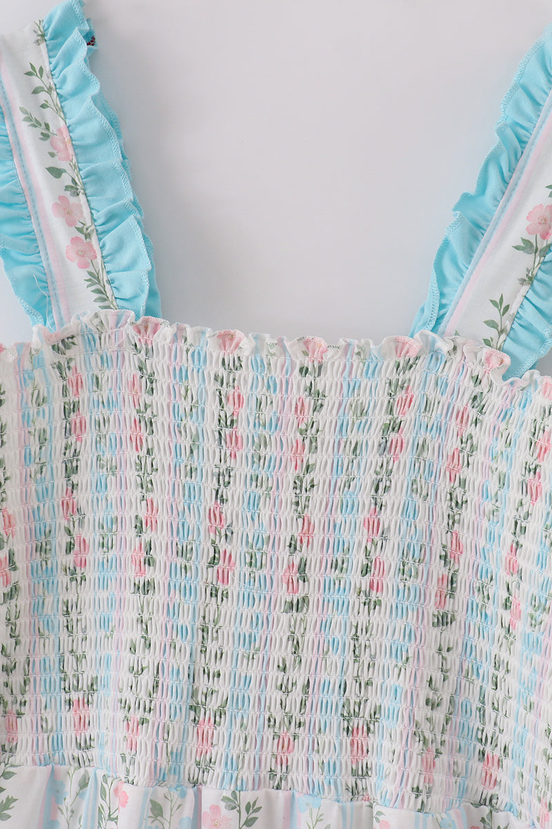 Blue floral print smocked mom dress - Aaria Tees Aaria Tees