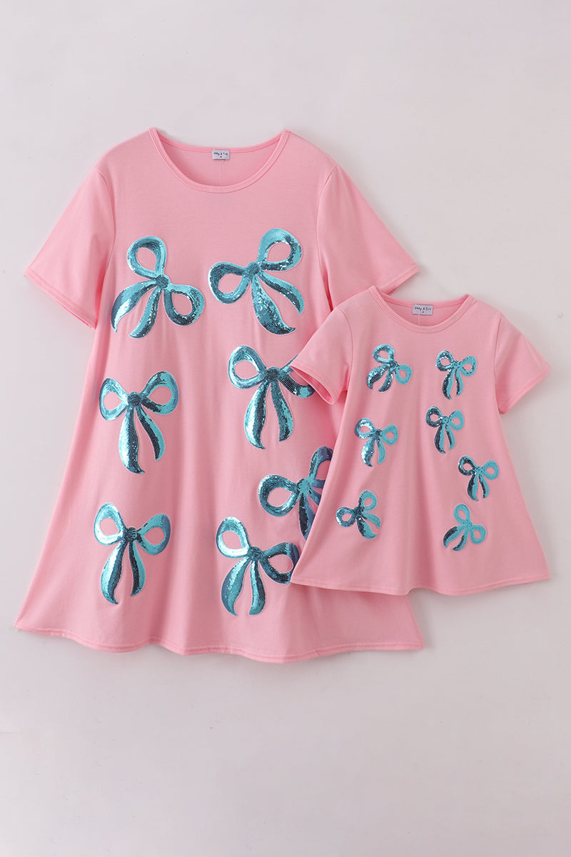 Pink bow sequin mom&me dress - Aaria Tees Aaria Tees