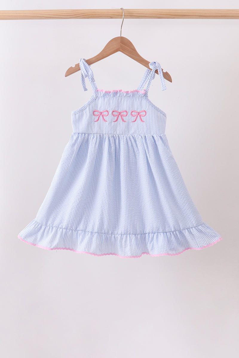 Blue Bow Embroidered Stripe Ruffle Dress - Aaria Tees Aaria Tees