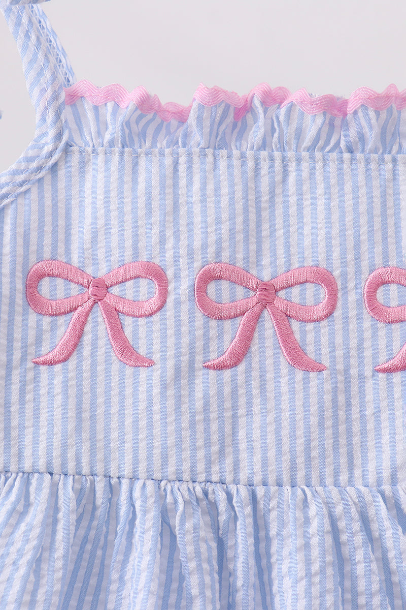 Blue Bow Embroidered Stripe Ruffle Dress - Aaria Tees Aaria Tees