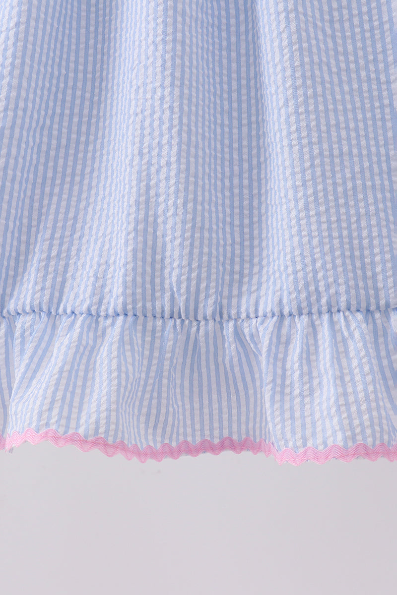 Blue Bow Embroidered Stripe Ruffle Dress - Aaria Tees Aaria Tees