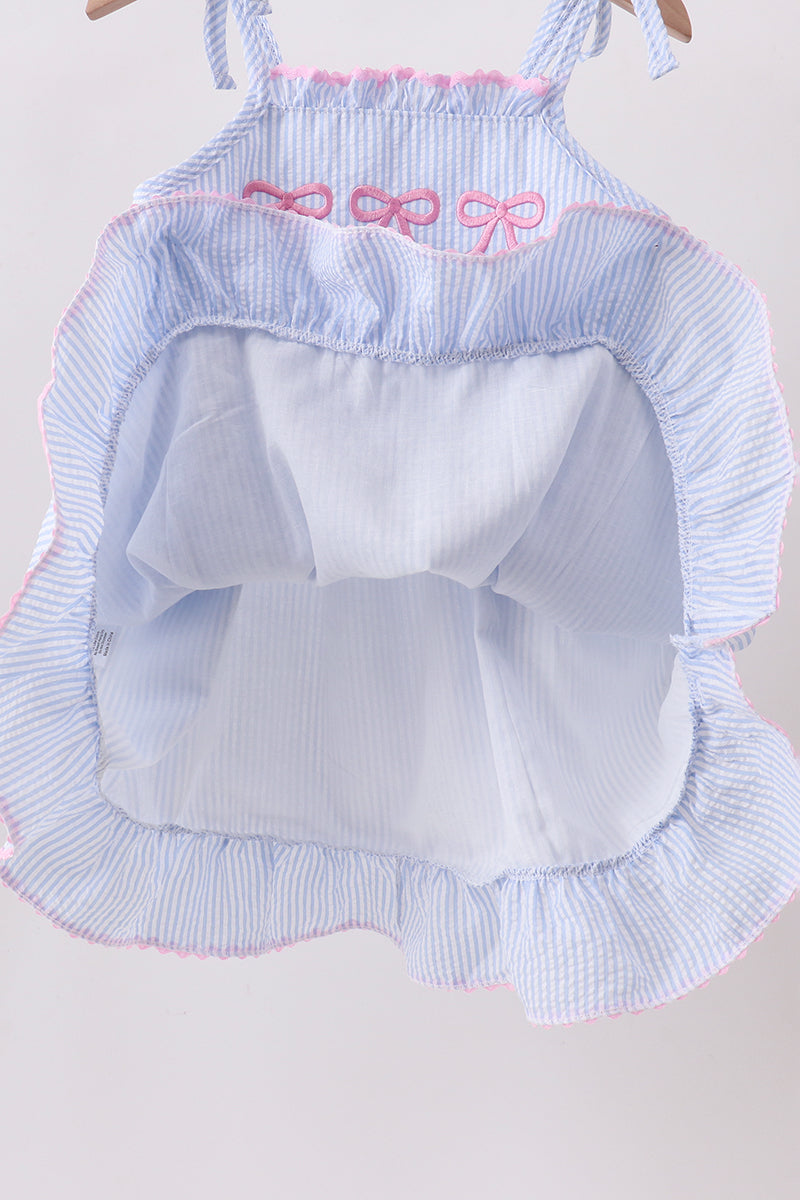 Blue Bow Embroidered Stripe Ruffle Dress - Aaria Tees Aaria Tees