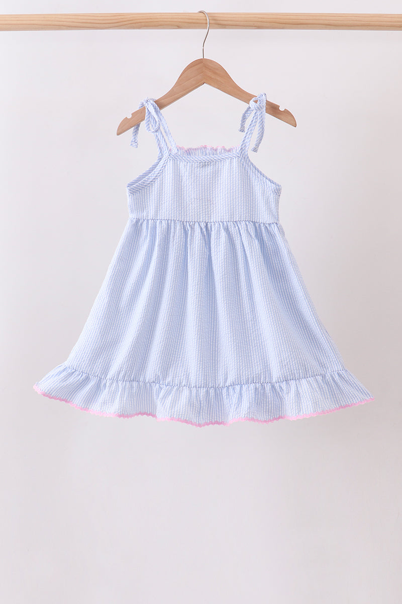 Blue Bow Embroidered Stripe Ruffle Dress - Aaria Tees Aaria Tees