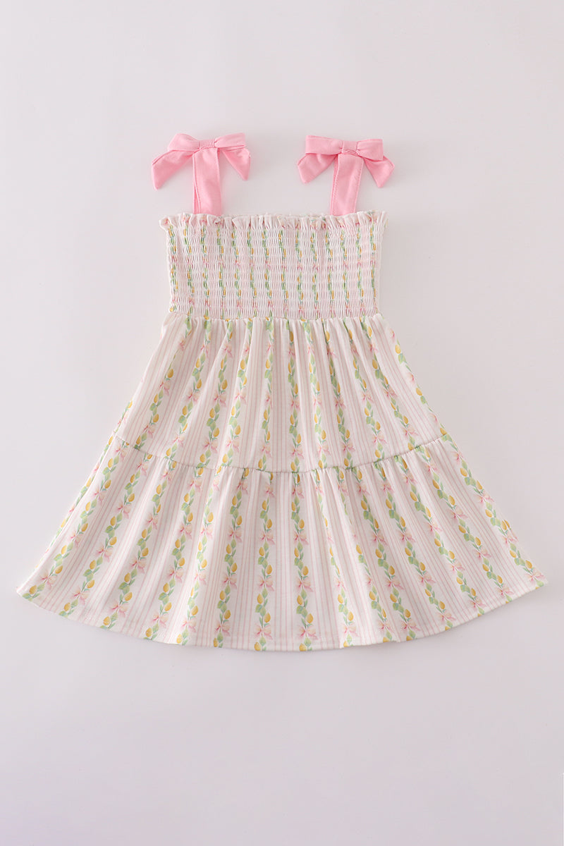 Pink lemon print bow smocked tiered mom&me dress - Aaria Tees Aaria Tees