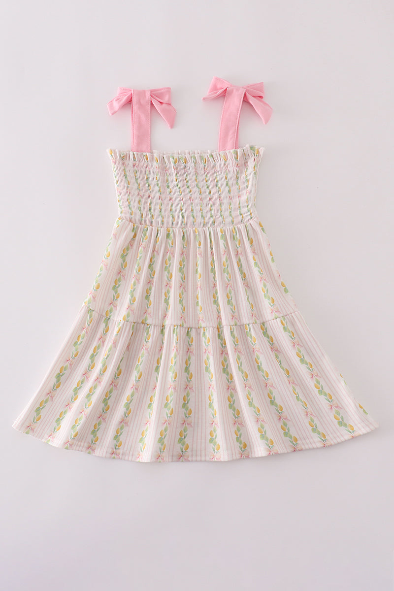 Pink lemon print bow smocked tiered mom&me dress - Aaria Tees Aaria Tees