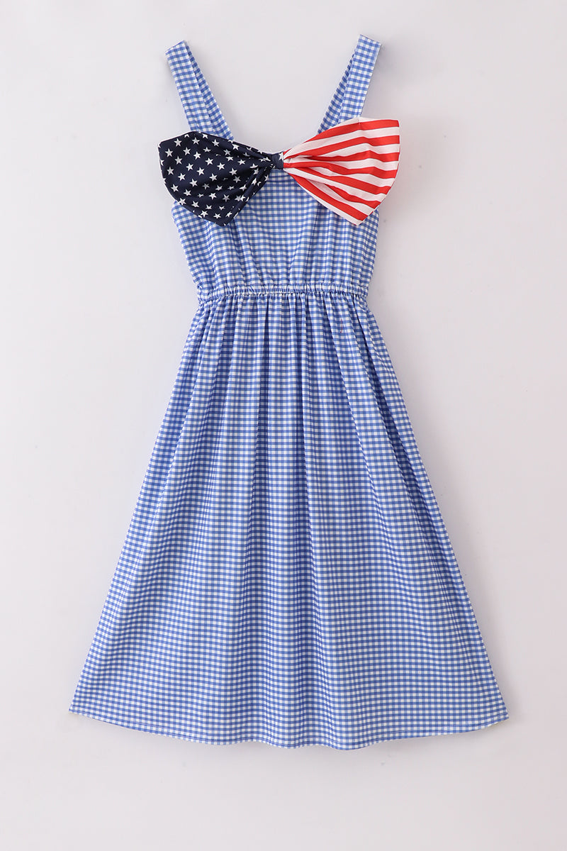 Blue flag bow gingham mom dress - Aaria Tees