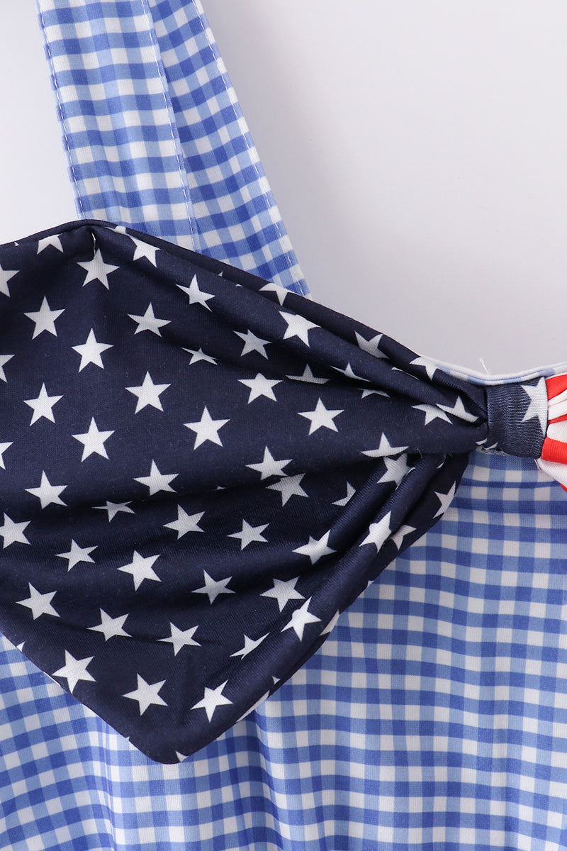 Blue flag bow gingham mom dress - Aaria Tees Aaria Tees