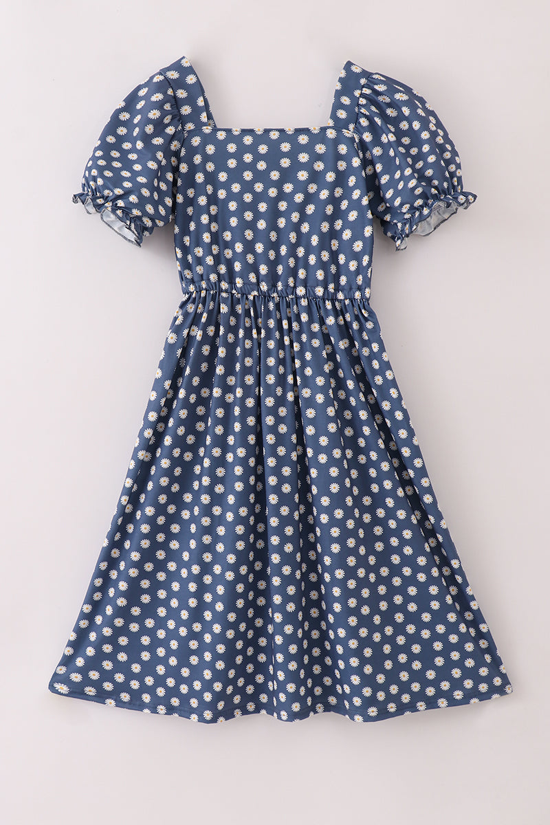 Navy daisy print mom dress - Aaria Tees