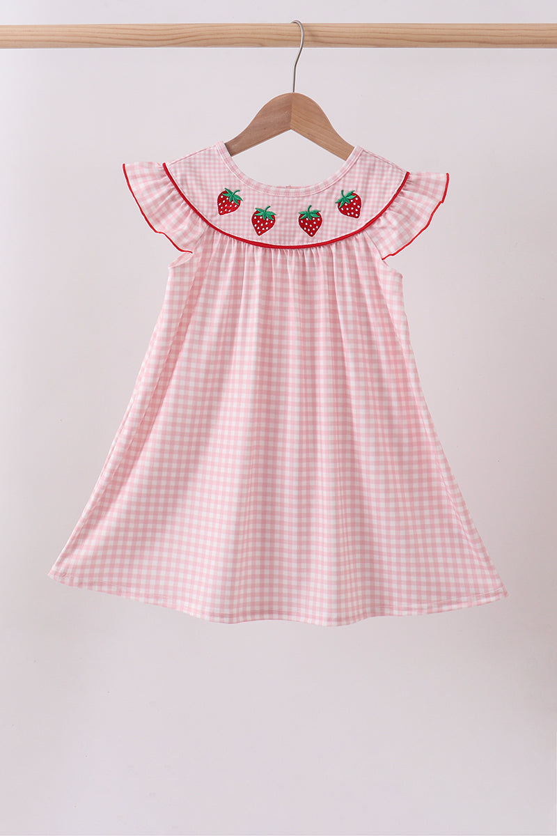 Pink strawberry embroidery gingham dress - Aaria Tees Aaria Tees