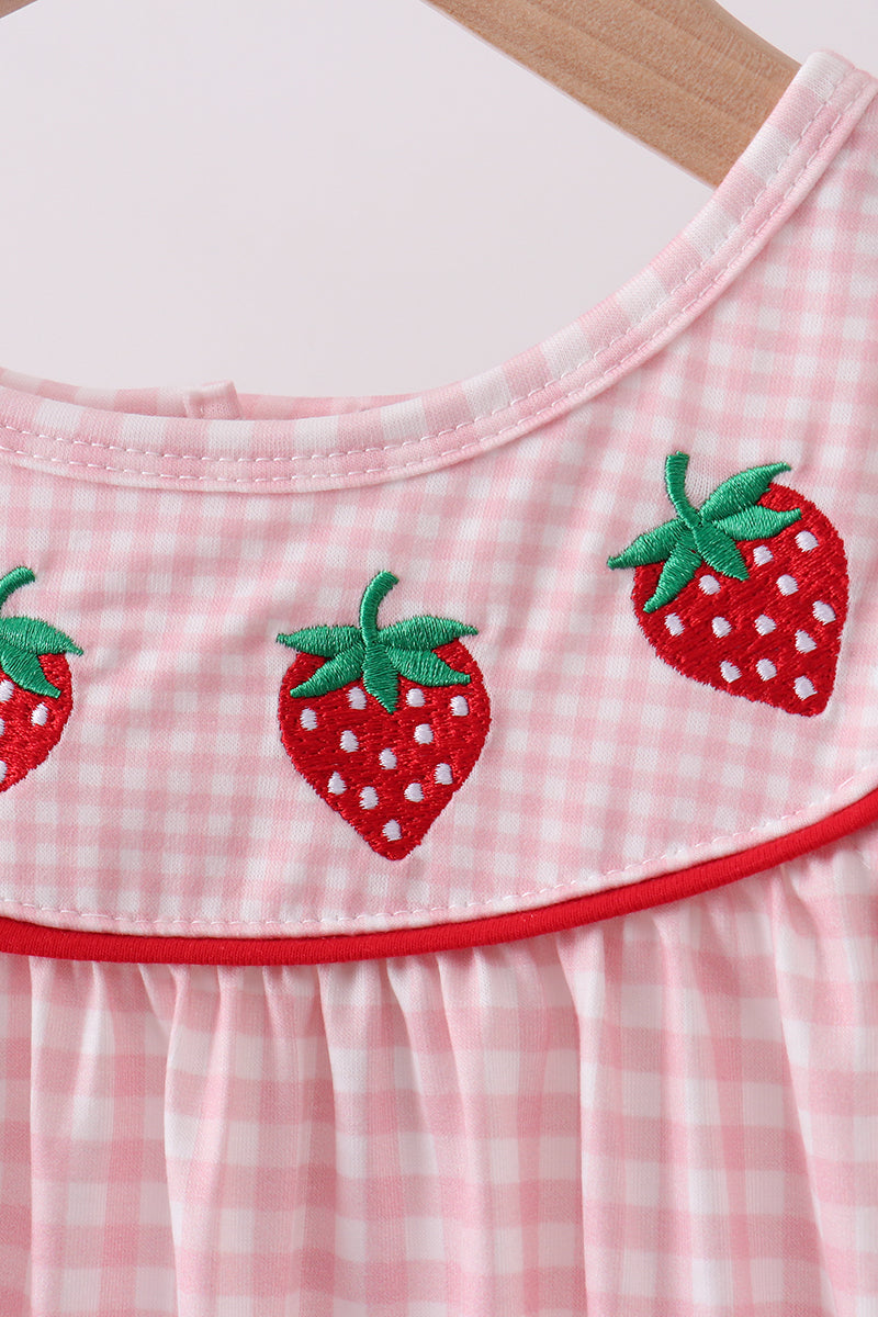 Pink strawberry embroidery gingham dress - Aaria Tees Aaria Tees