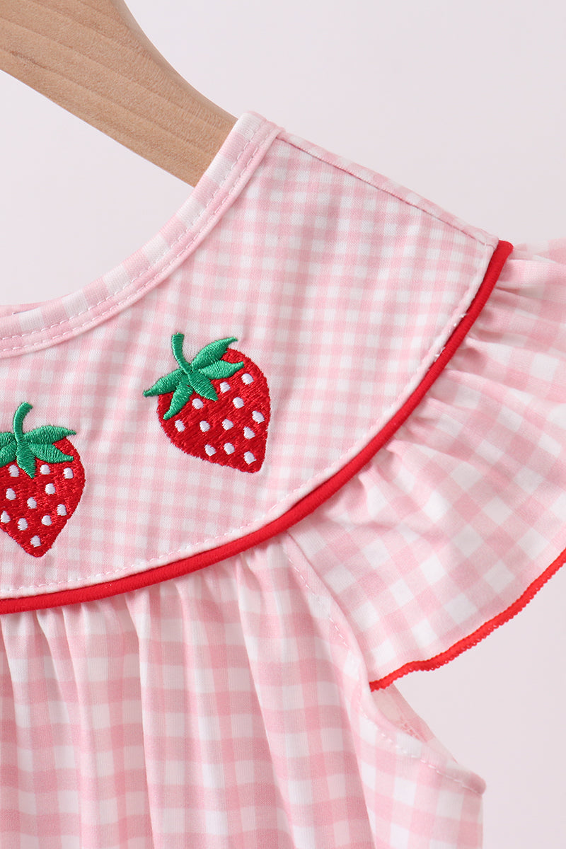 Pink strawberry embroidery gingham dress - Aaria Tees Aaria Tees
