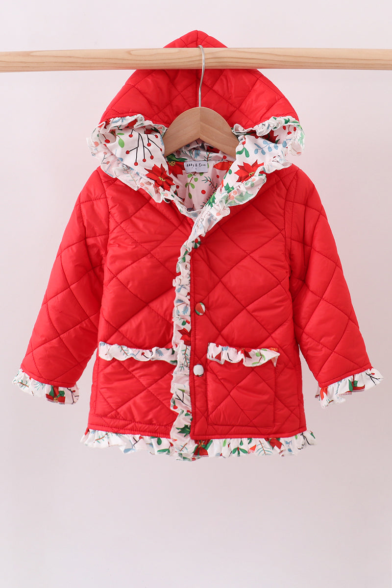 Red floral print ruffle quilted jacket - Aaria Tees