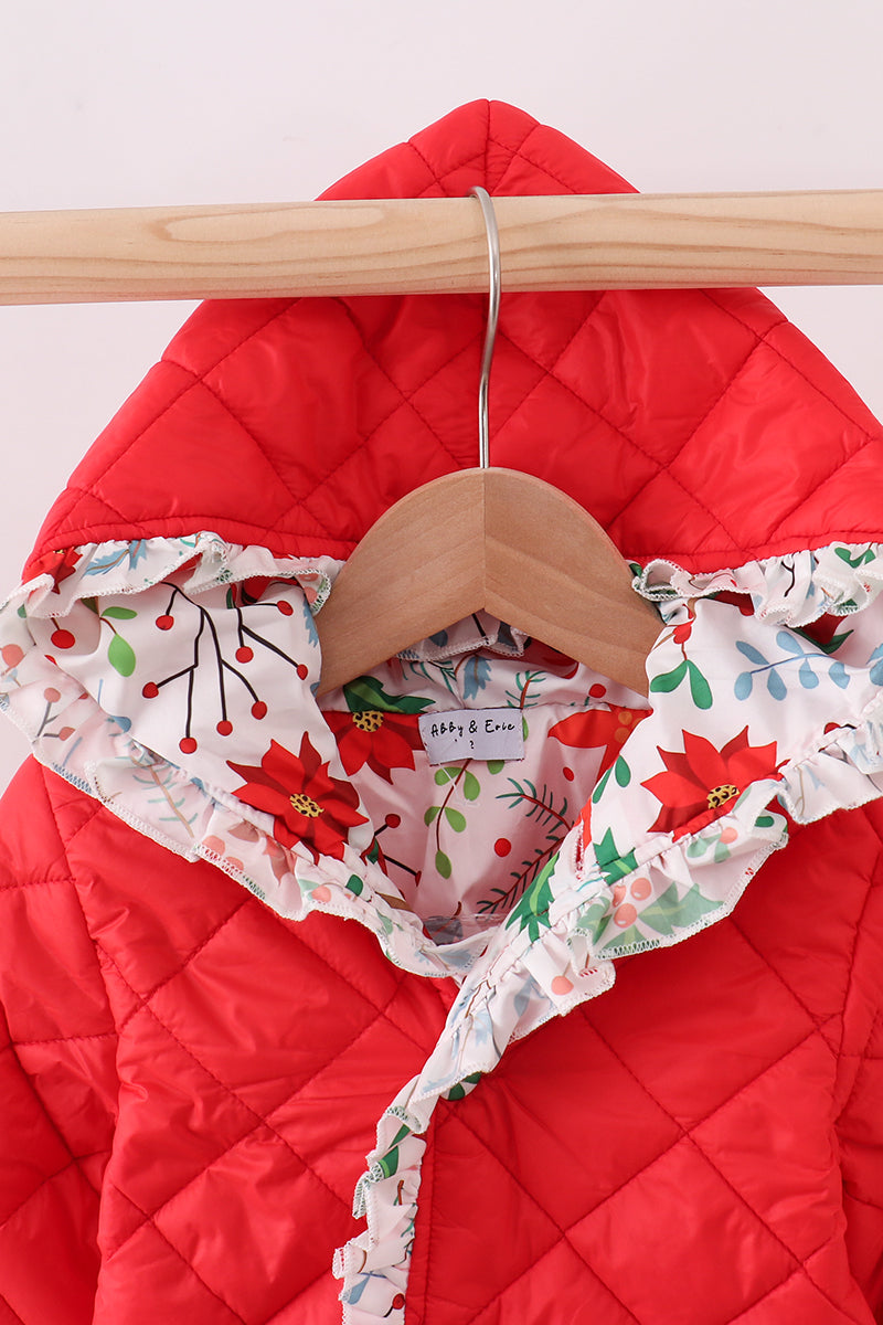Red floral print ruffle quilted jacket - Aaria Tees Aaria Tees