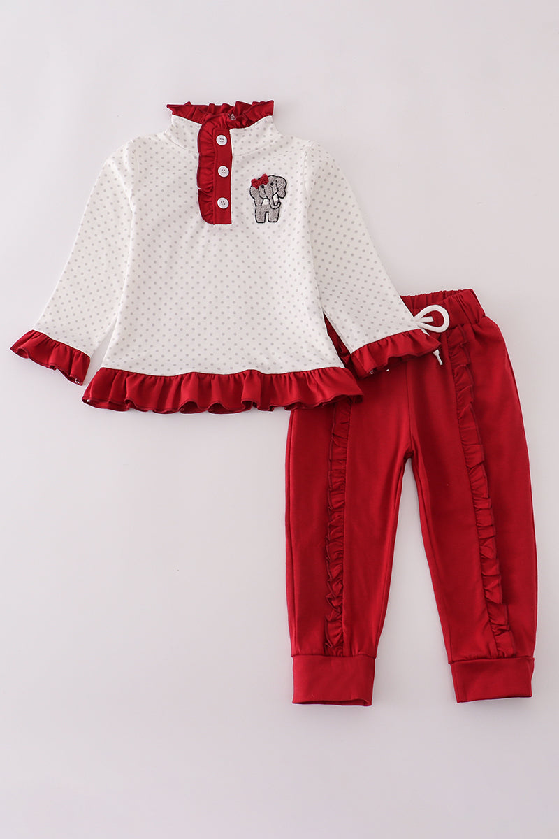 Alabama polka dot elephant french knot ruffle pants set - Aaria Tees