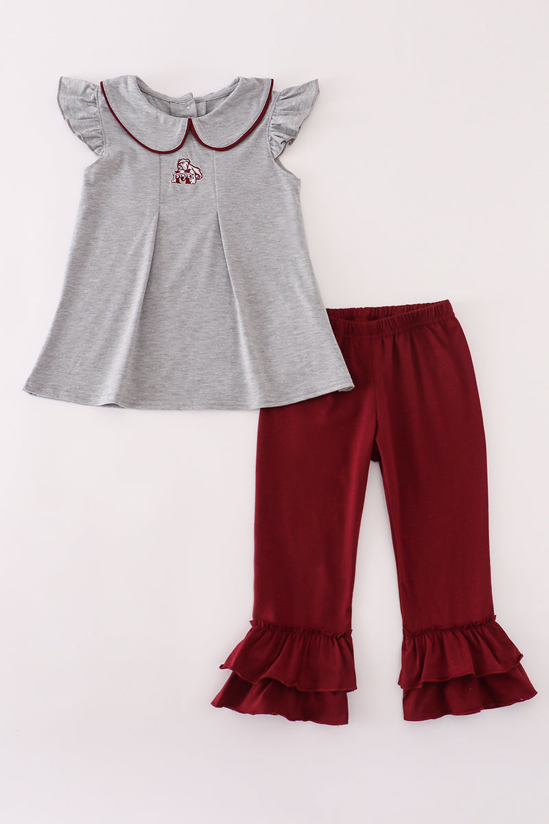 Maroon Mississippi embroidery ruffle pants set - Aaria Tees Aaria Tees
