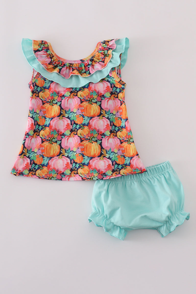 Pink pumpkin print ruffle bloomer set - Aaria Tees Aaria Tees