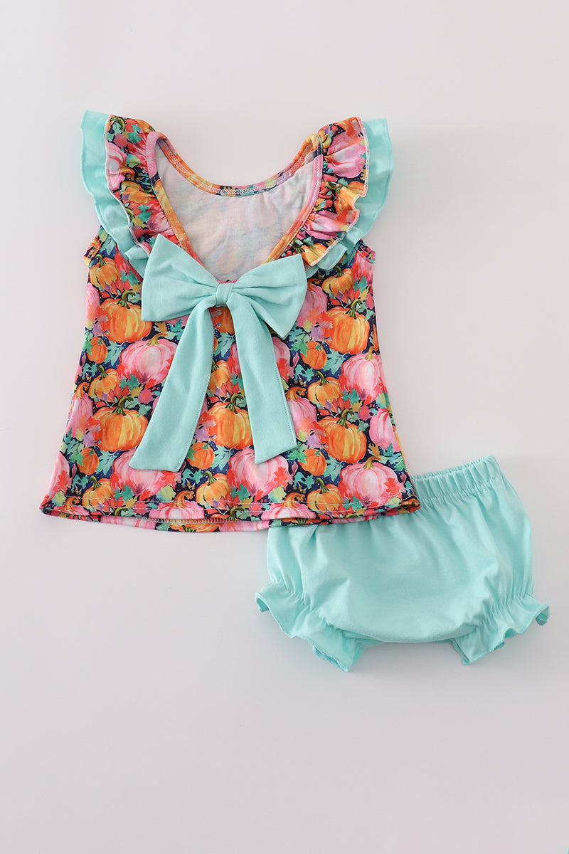 Pink pumpkin print ruffle bloomer set - Aaria Tees Aaria Tees