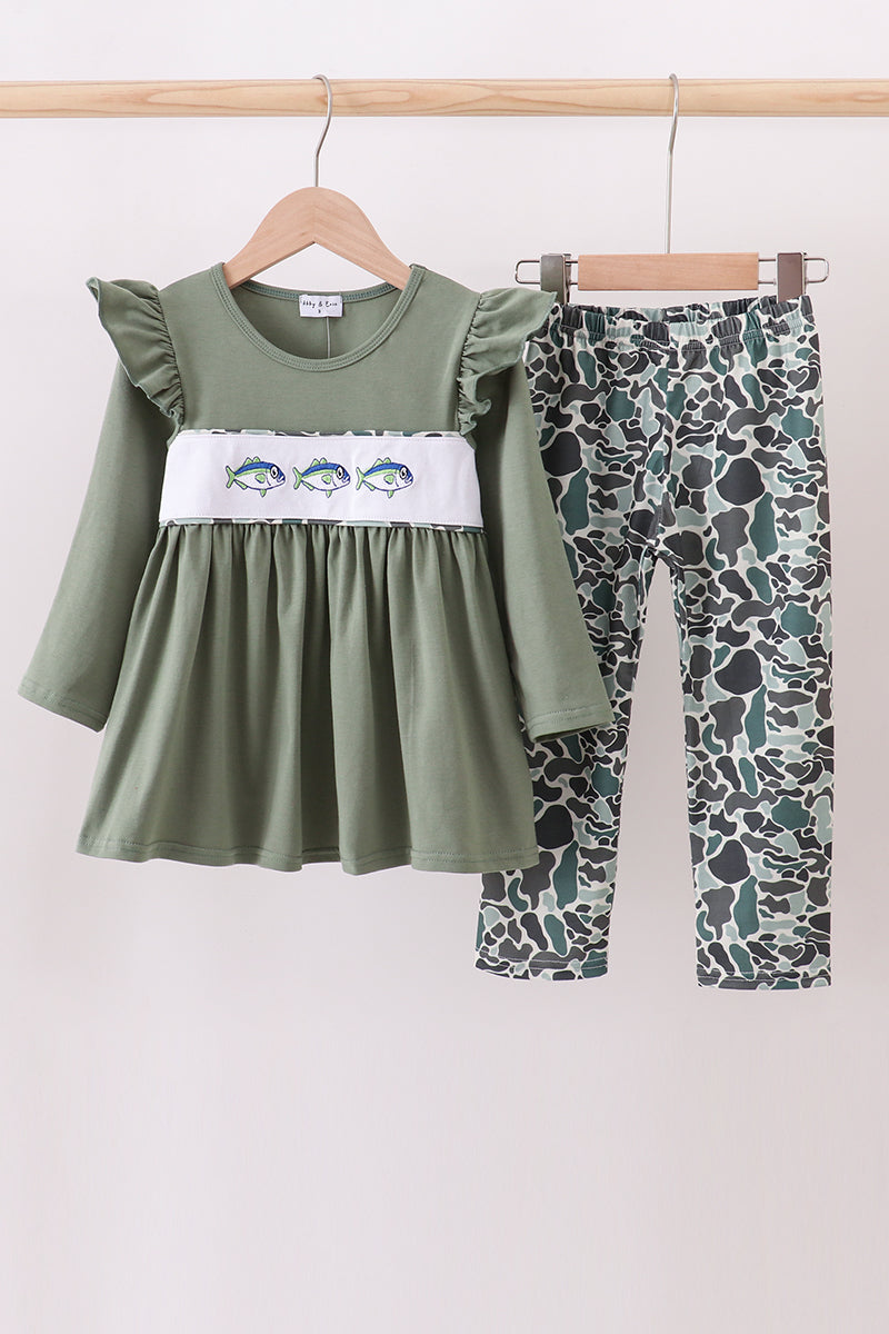 Camouflage fish embroidery ruffle pants set - Aaria Tees Aaria Tees