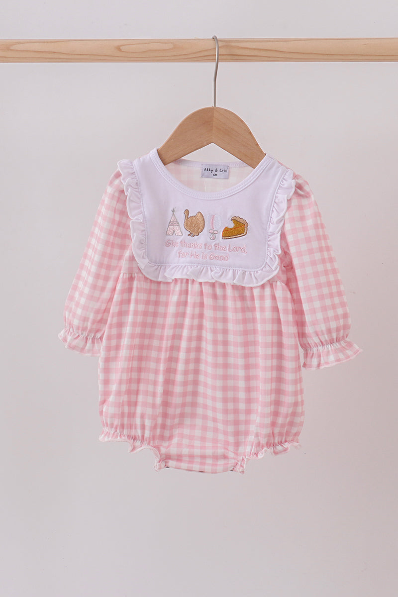Pink plaid print turkey embroidery girl bubble - Aaria Tees