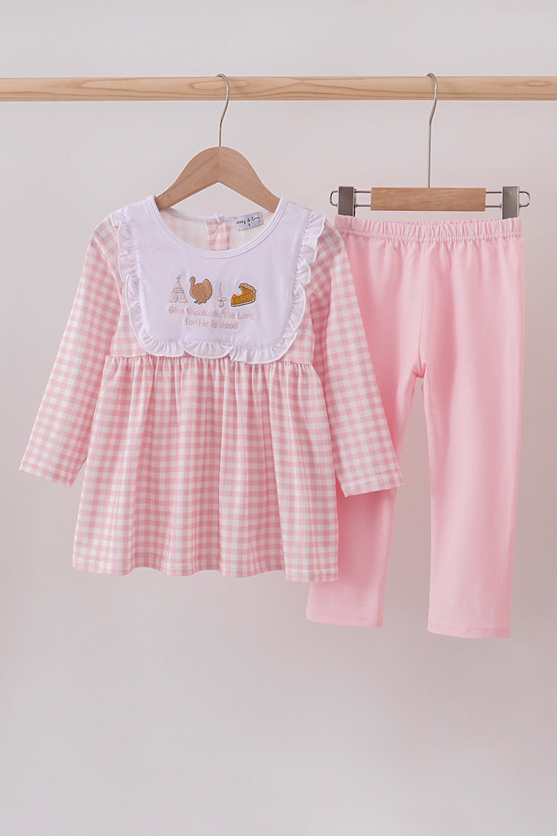 Pink plaid print turkey embroidery girl set - Aaria Tees Aaria Tees