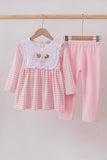 Pink plaid print turkey embroidery girl set - Aaria Tees Aaria Tees