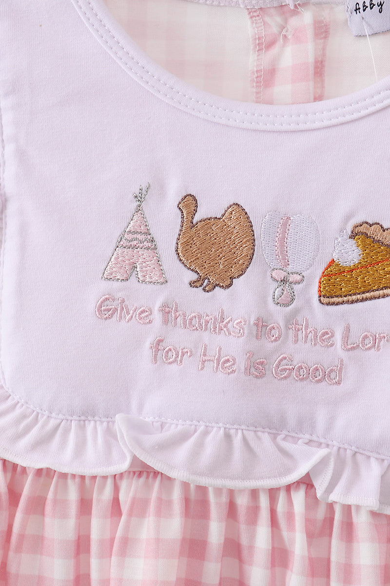 Pink plaid print turkey embroidery girl set - Aaria Tees Aaria Tees