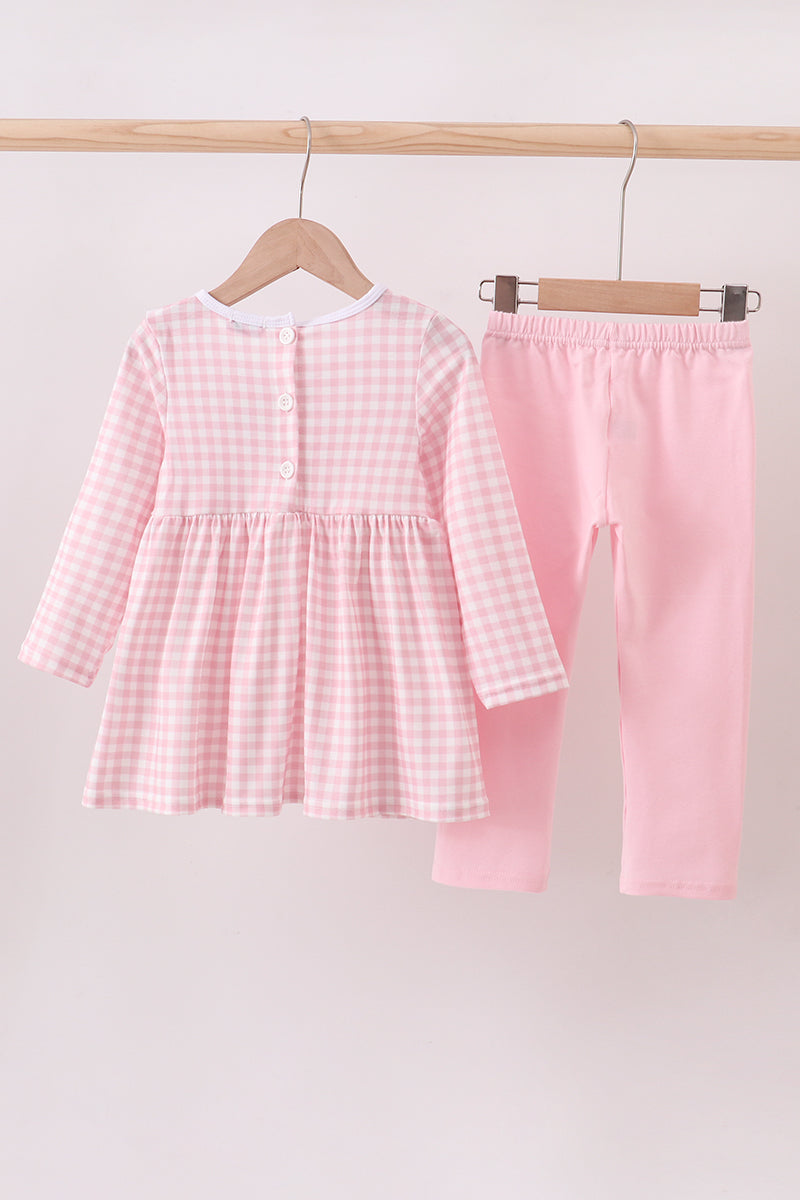 Pink plaid print turkey embroidery girl set - Aaria Tees Aaria Tees