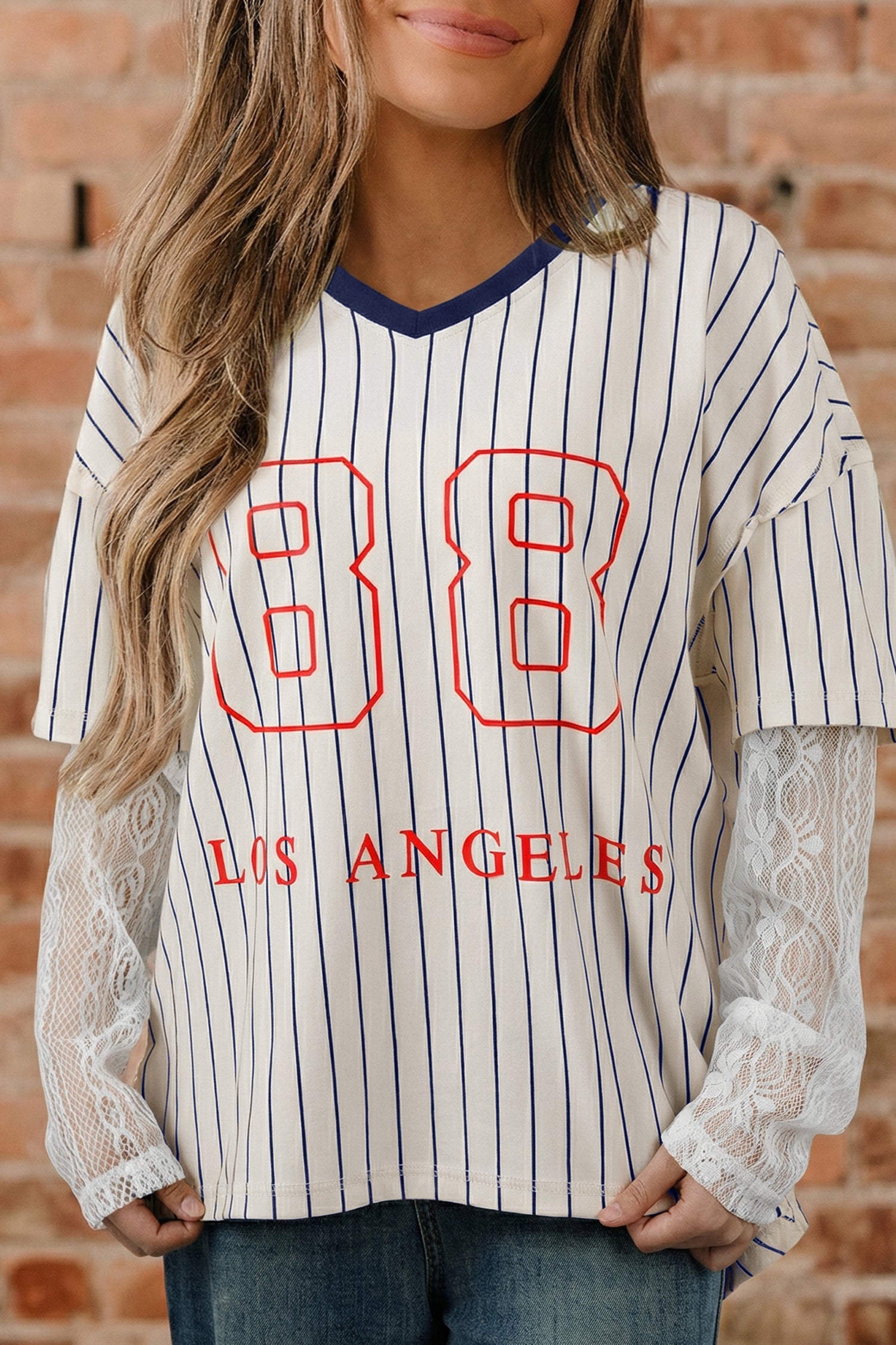Blue Stripe 88 LOS ANGEL Graphic Lace Patchwork Faux Two Piece V Neck Top - Aaria Tees Aaria Tees