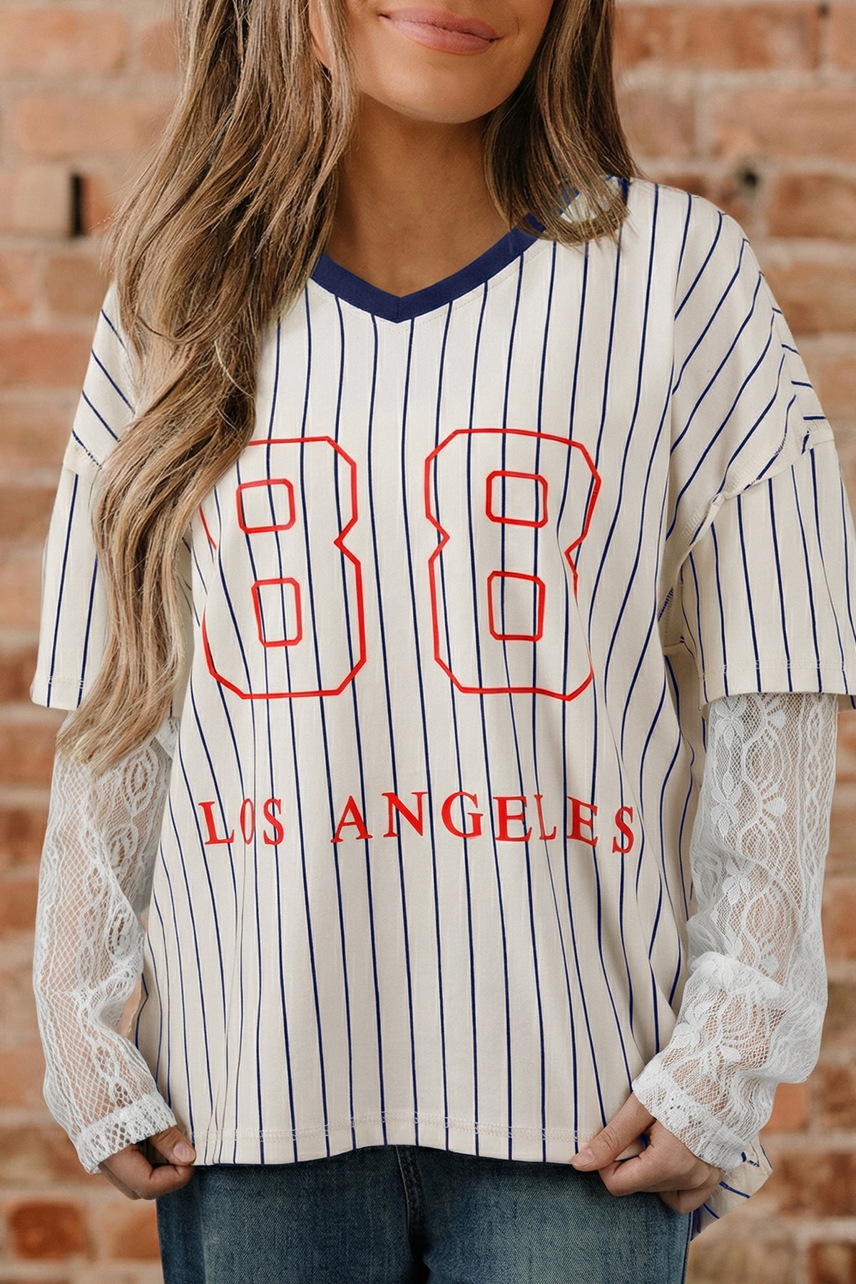 Blue Stripe 88 LOS ANGEL Graphic Lace Patchwork Faux Two Piece V Neck Top - Aaria Tees