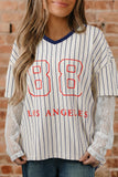Blue Stripe 88 LOS ANGEL Graphic Lace Patchwork Faux Two Piece V Neck Top - Aaria Tees Aaria Tees