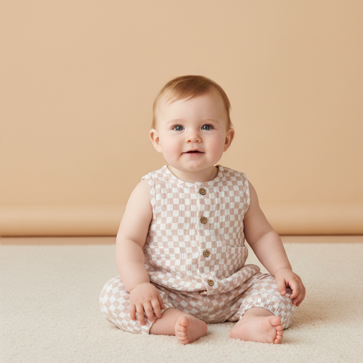 Organic Buttoned Jumpsuit - Brick Checks - Aaria Tees