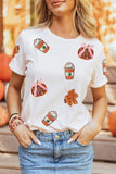 White Sequined Pumpkin Fall Graphic Casual Shift T Shirt Aaria Tees