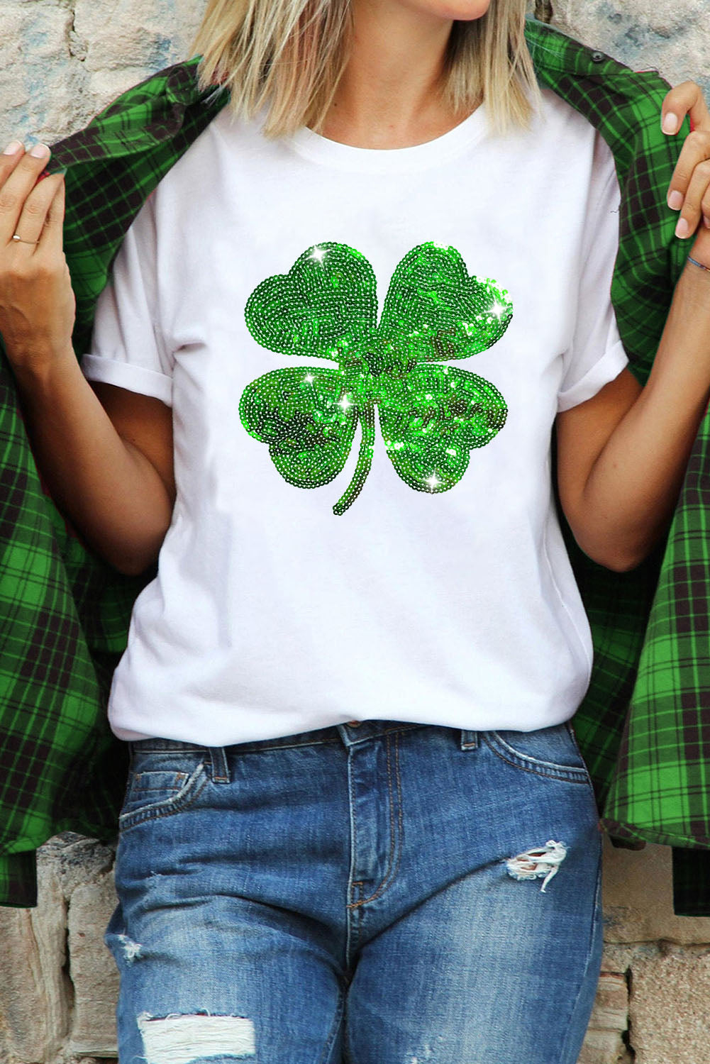 White Sequin Clover Patch Graphic St Patrick Fashion Tee - Aaria Tees