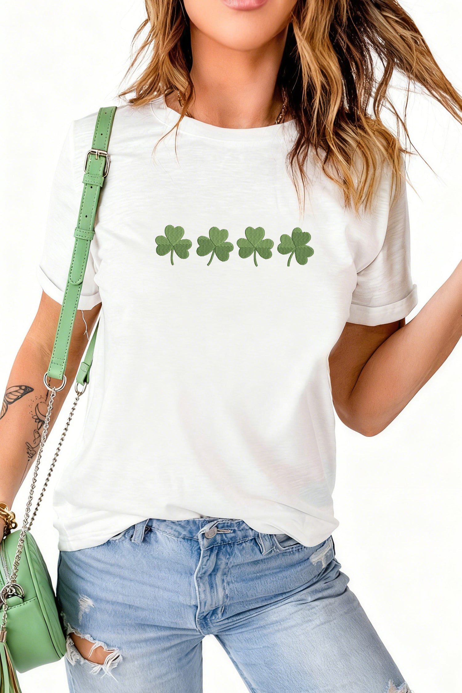 White Embroidered Clover St Patricks Fashion Graphic Tee - Aaria Tees Aaria Tees