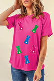 Rose Red Easter Rabbit Chenille Patched Pattern Crew Neck Tee Aaria Tees