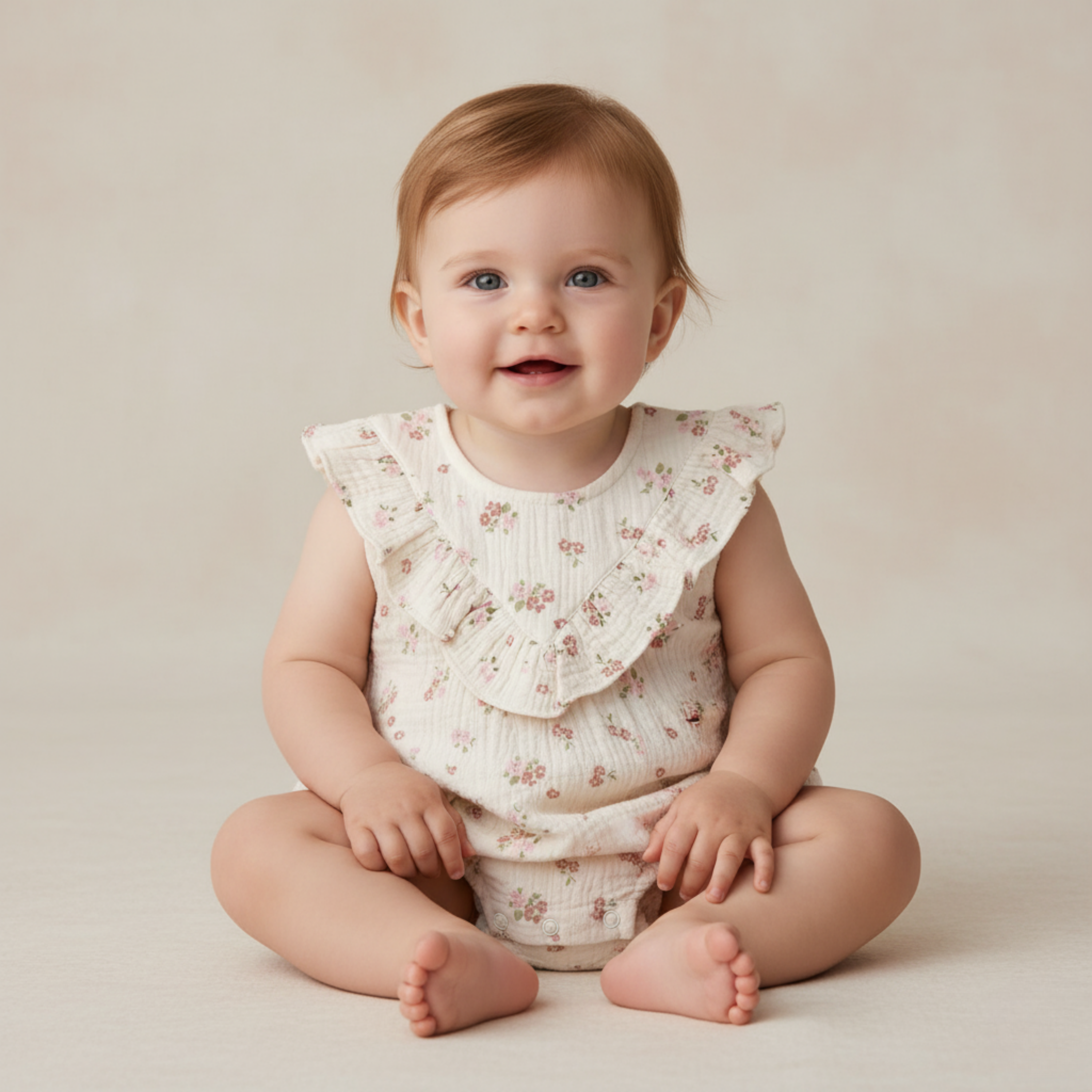 Organic Sleeveless Ruffle Bubble Romper - Blush Floral - Aaria Tees Aaria Tees